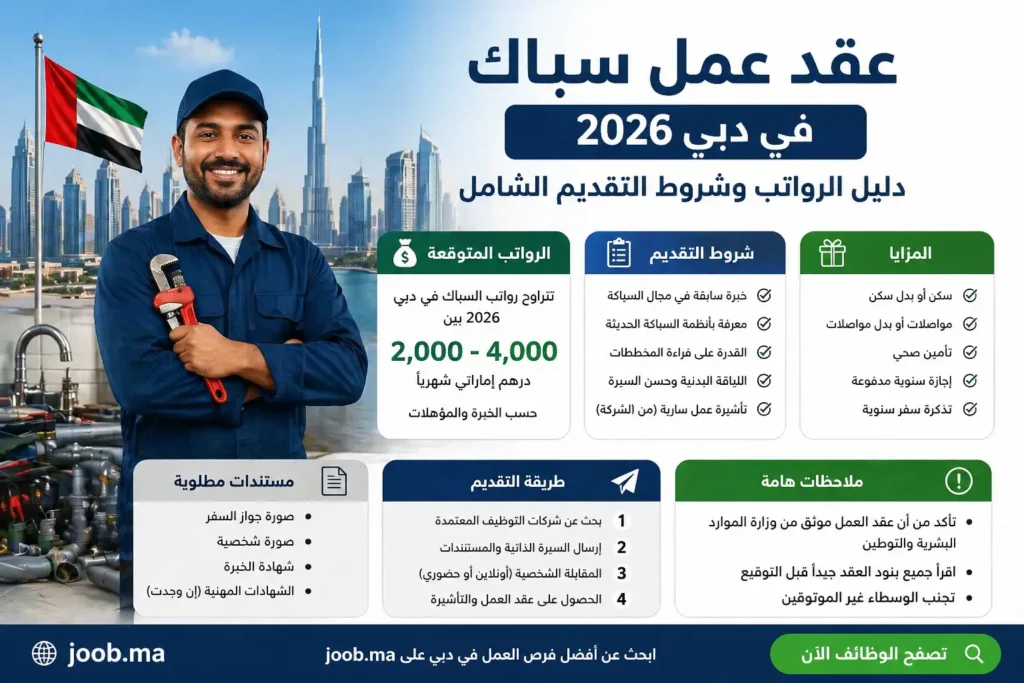 ‫عقد عمل رسمي في دبي لوظيفة سباك براتب تنافسي وحوافز مالية لعام 2026‬
